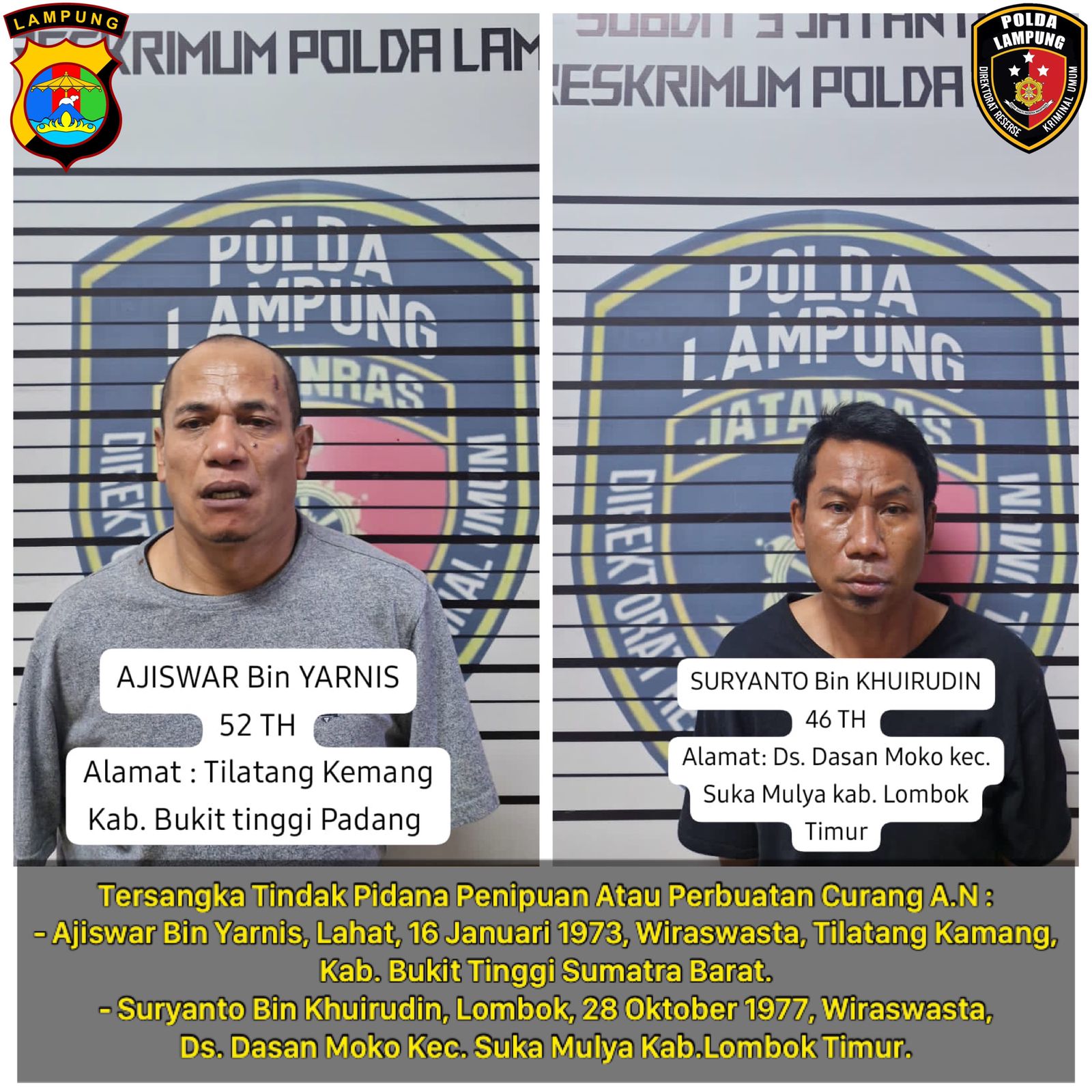 Gunakan Hipnotis Untuk Melakukan Penipuan, Tekab 308 Polda Lampung Berhasil Amankan 4 (empat) Pelaku