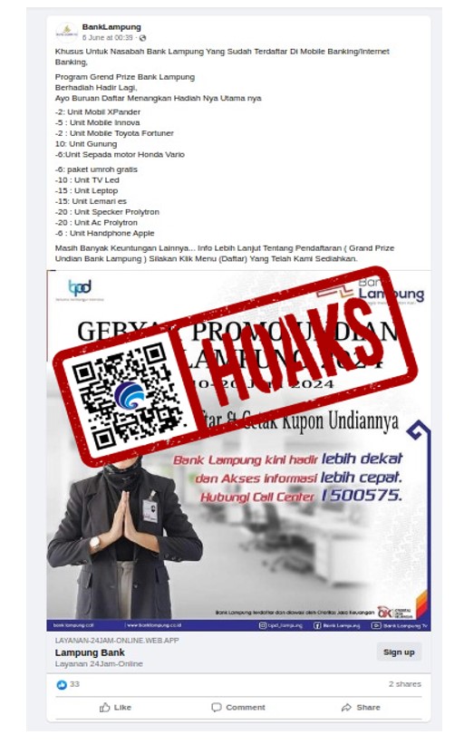 Hoaks Undian Grand Prize Bank Lampung bagi Pengguna Layanan M-banking
