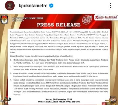 Paslon Calon Wali Kota Metro Lampung, Wahdi-Qomaru Didiskualifikasi dari Pilwakot 2024