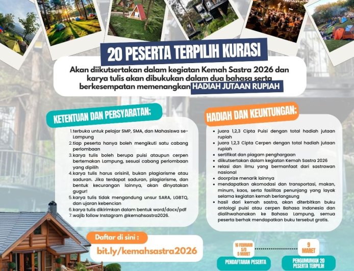 Lomba Cipta Puisi dan Cerpen Hadiah Jutaan Rupiah dan Kemah Sastra 2026