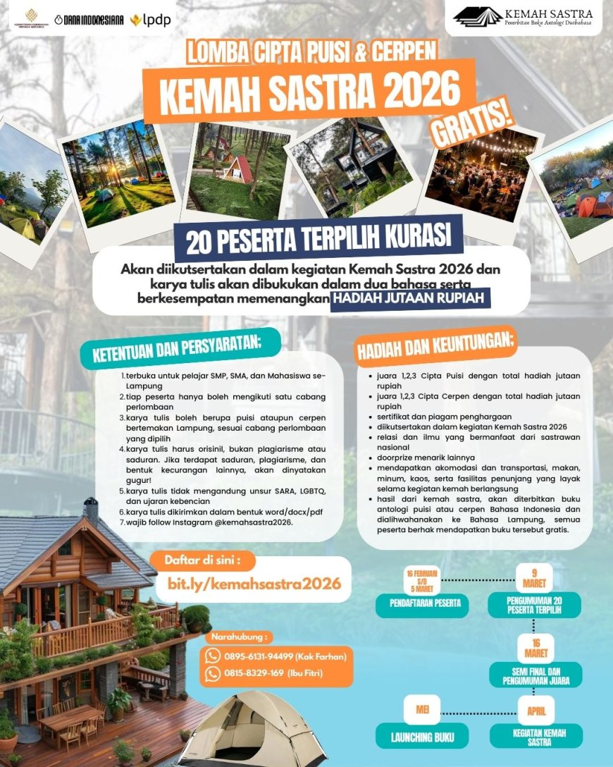Lomba Cipta Puisi dan Cerpen Hadiah Jutaan Rupiah dan Kemah Sastra 2026