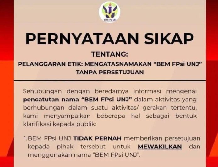 BEM Psikologi UNJ hingga Unpam Bantah Keterlibatan dalam Forum BEM Bersatu