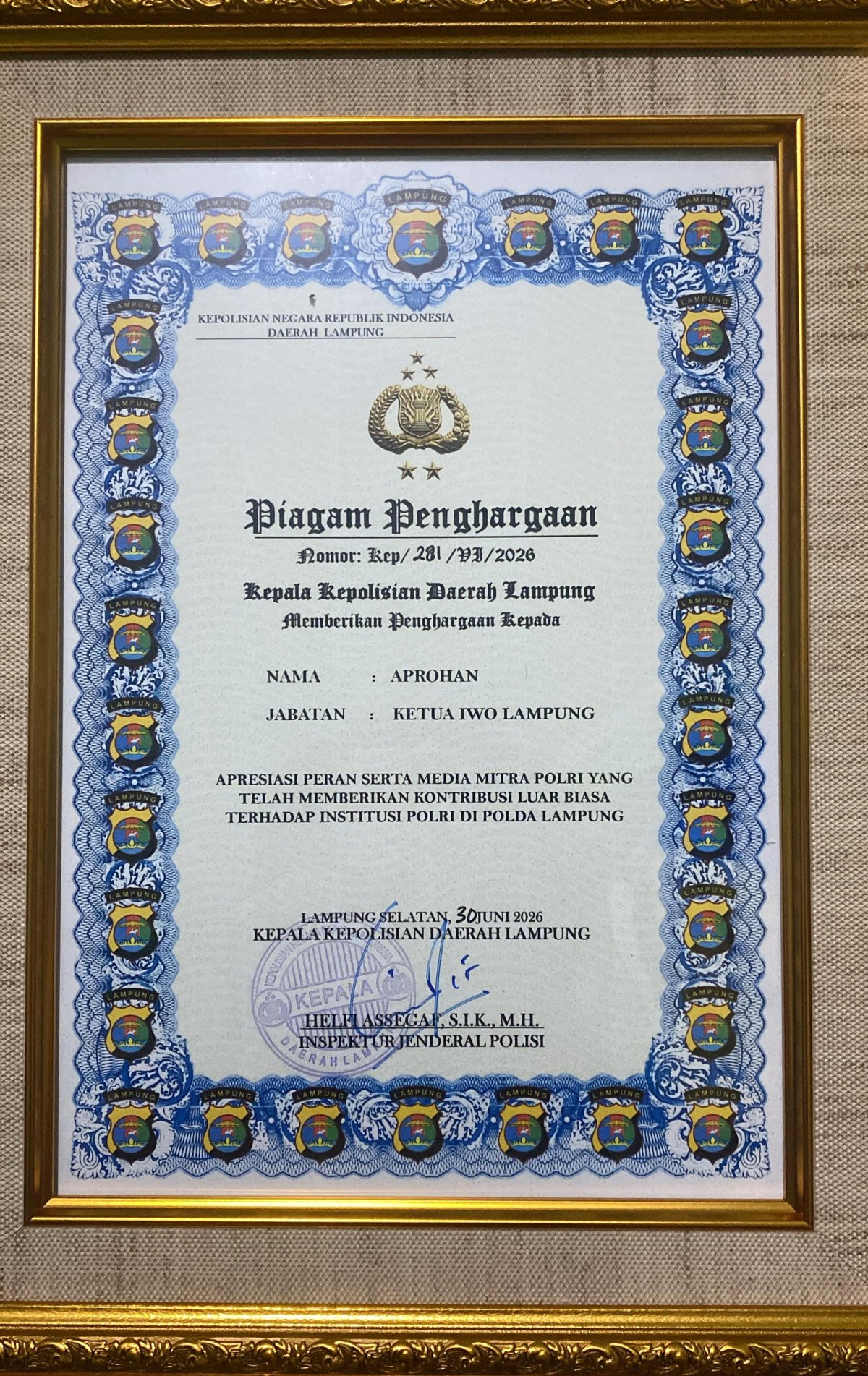 Merasa tidak Berkontribusi untuk Polri, Ketua IWO Lampung Tolak Piagam Penghargaan Polda Lampung
