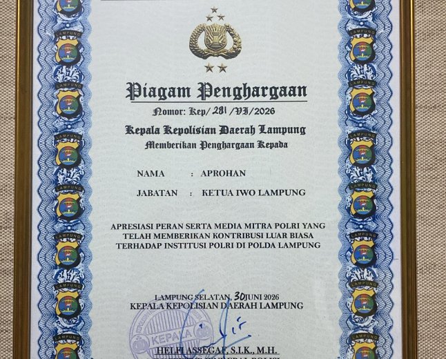 Merasa tidak Berkontribusi untuk Polri, Ketua IWO Lampung Tolak Piagam Penghargaan Polda Lampung