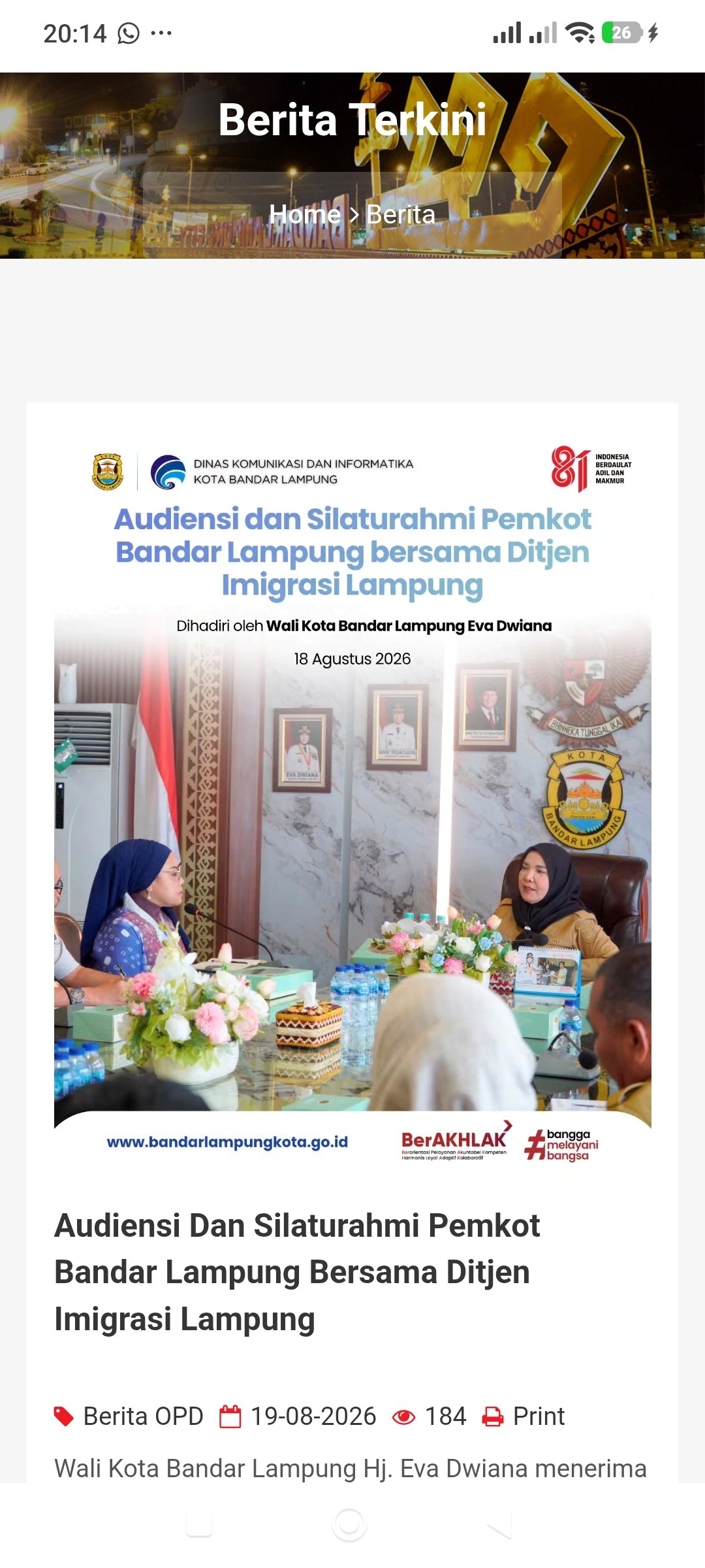 Eva Dwiana Terima Audiensi Kakanwil Imigrasi Lampung, Bahas Penguatan Kerja Sama