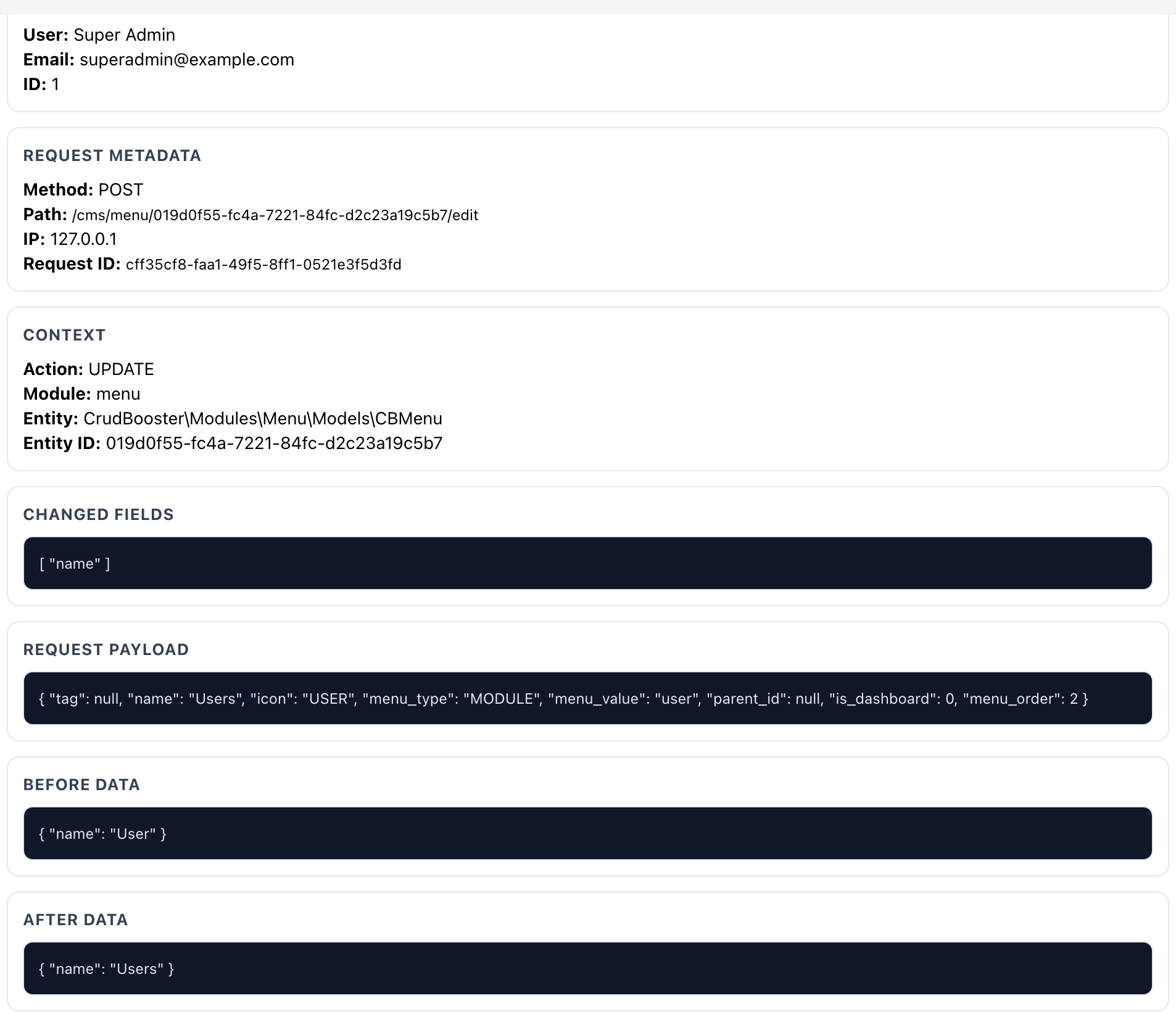 Audit Log Detail Data