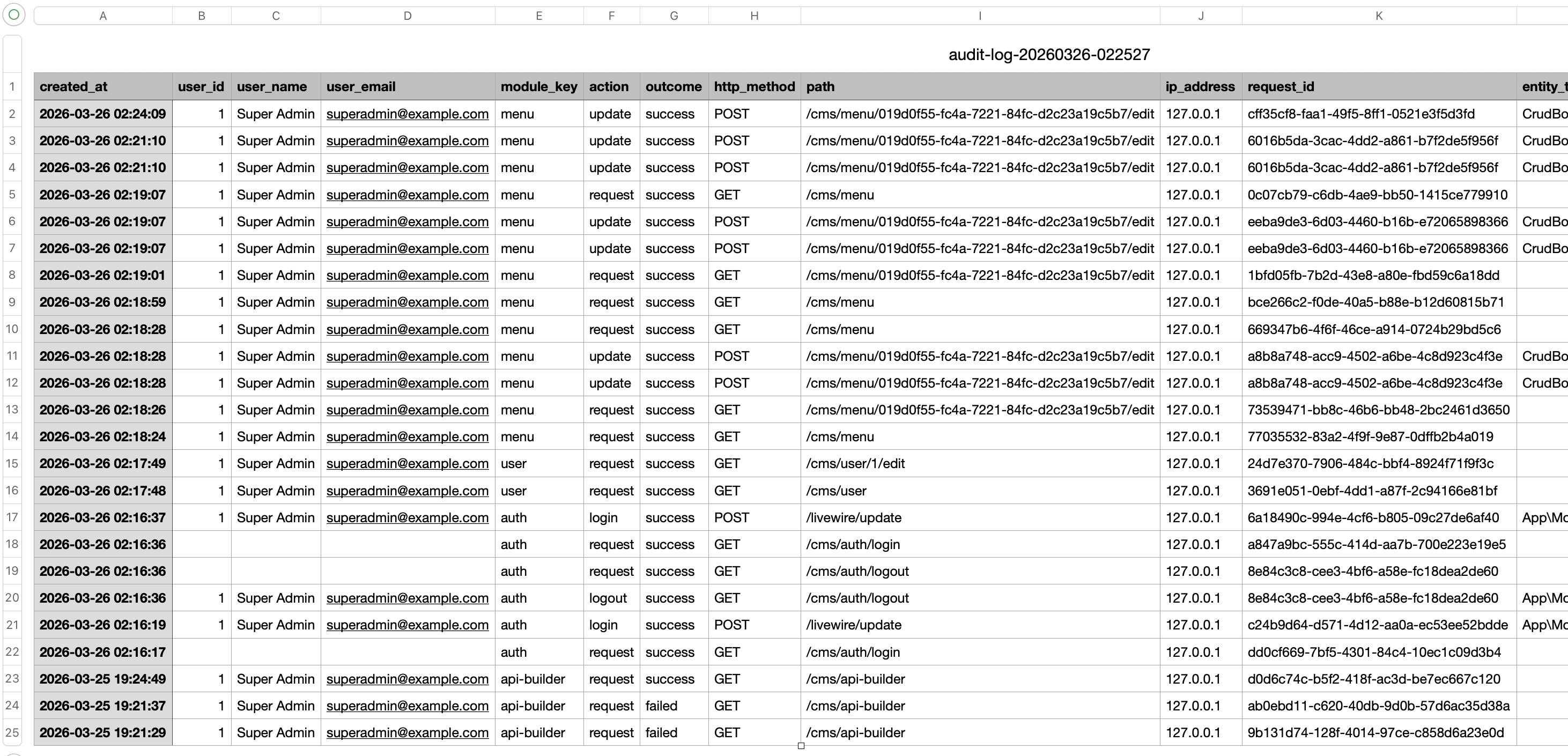Audit Log Export Excel