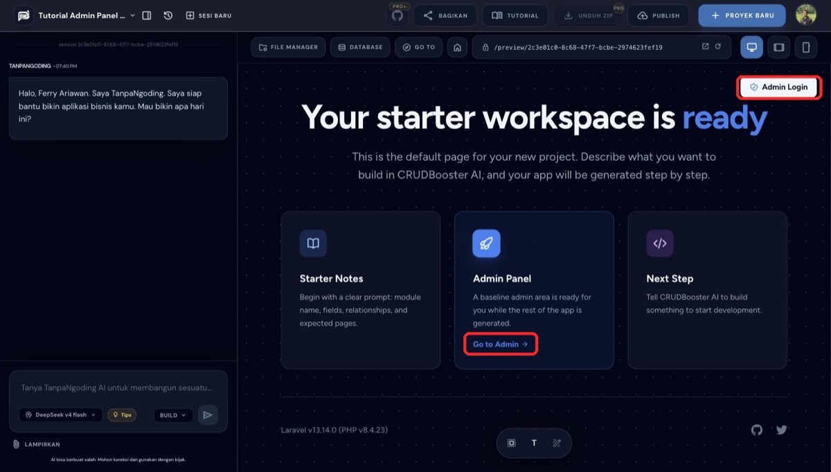 Tombol Admin Login dan link Go to Admin di starter workspace project baru