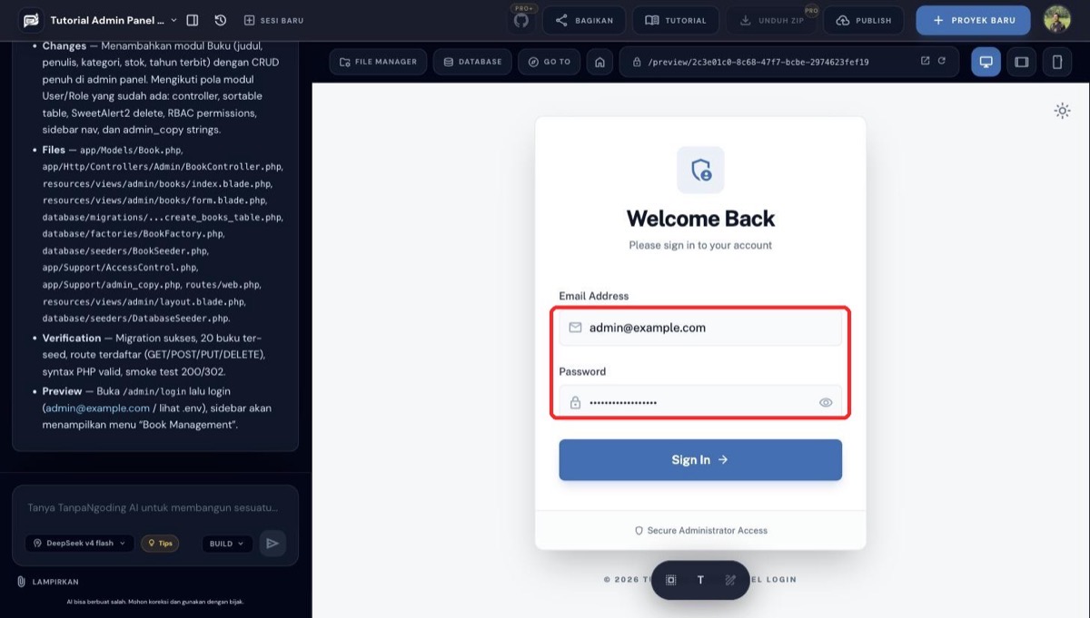 Form login admin panel dengan email dan password otomatis terisi