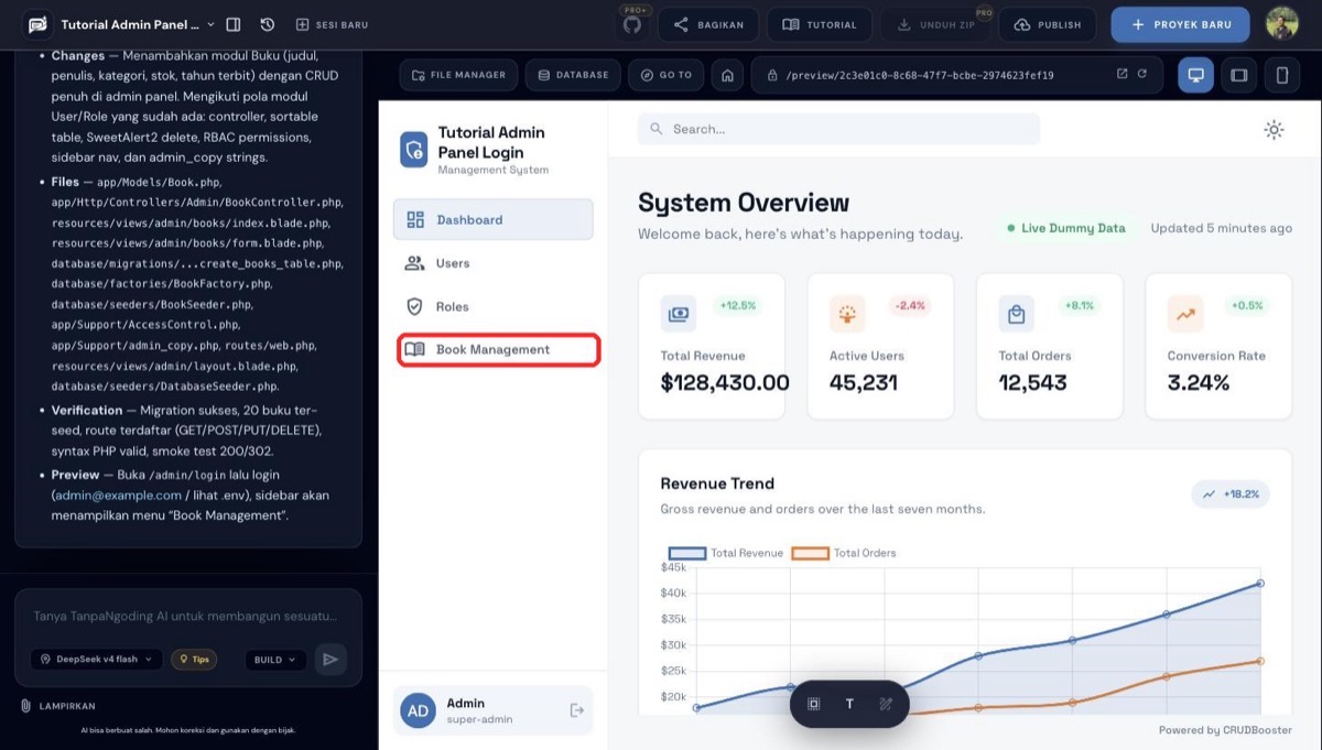 Dashboard admin panel dengan menu Book Management di sidebar