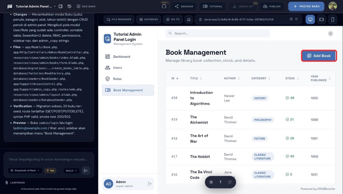 Listing data buku dengan tombol Add Book di admin panel