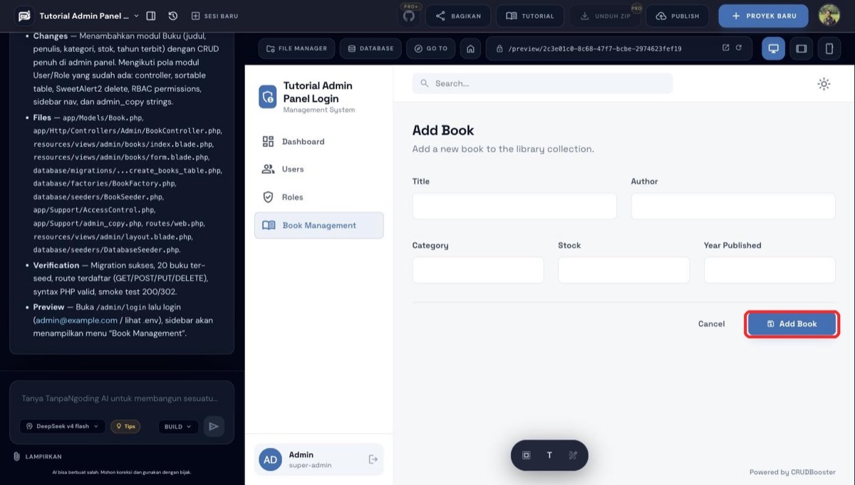 Form tambah data buku baru di admin panel