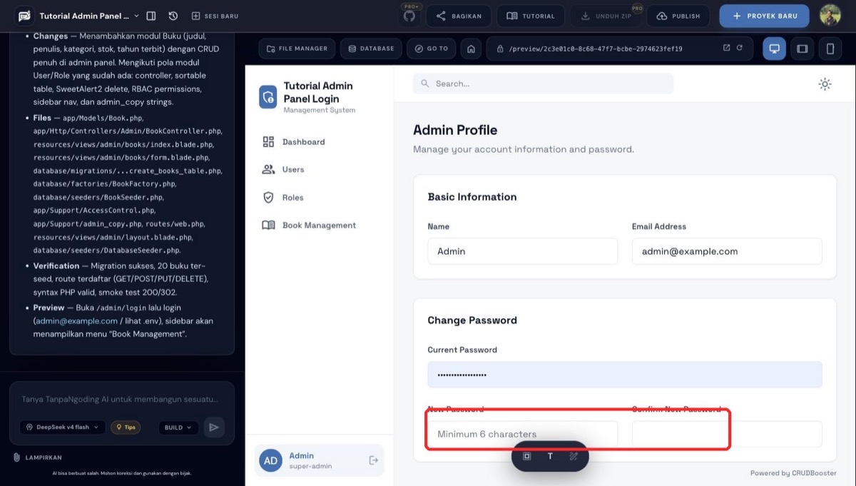 Form ganti password admin di halaman Admin Profile