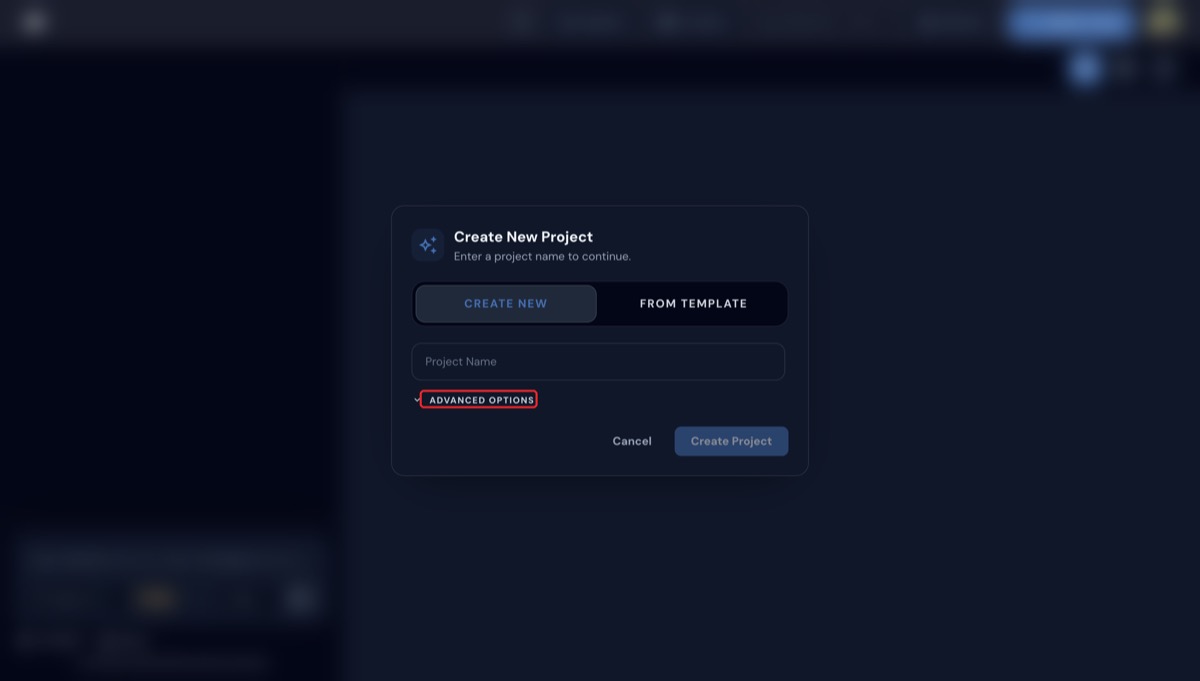 Tombol expand Advanced Options di modal Create New Project