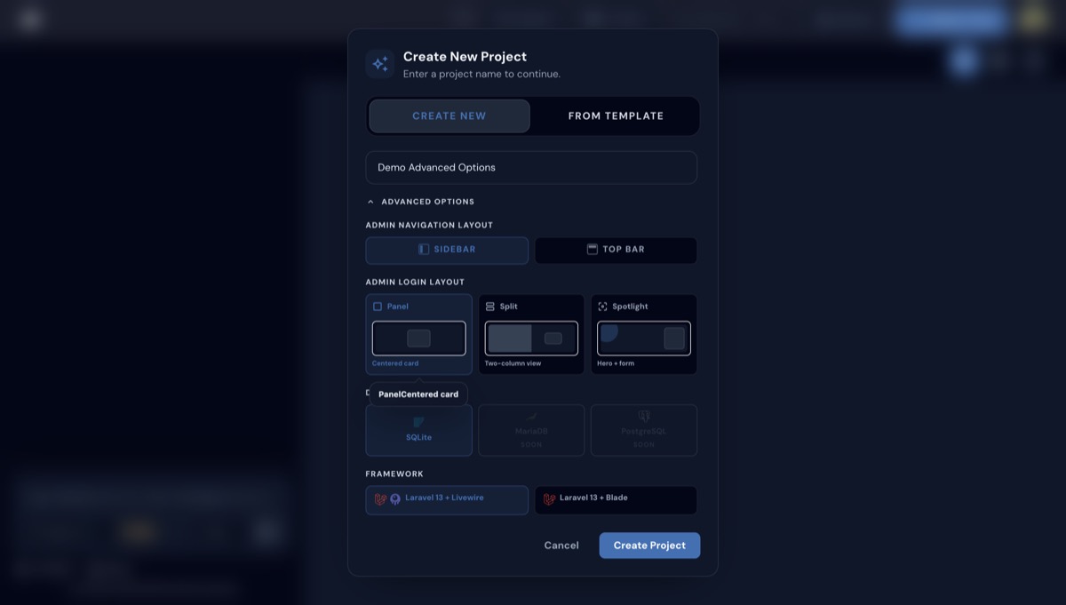 Semua pilihan Advanced Options: layout navigasi, layout login, database, dan framework