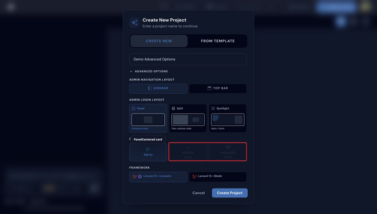 Badge Soon pada opsi database MariaDB dan PostgreSQL yang belum bisa dipilih