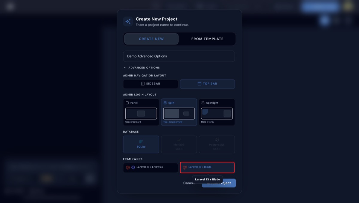 Contoh kombinasi Top Bar, Split, dan Laravel 13 + Blade terpilih di Advanced Options