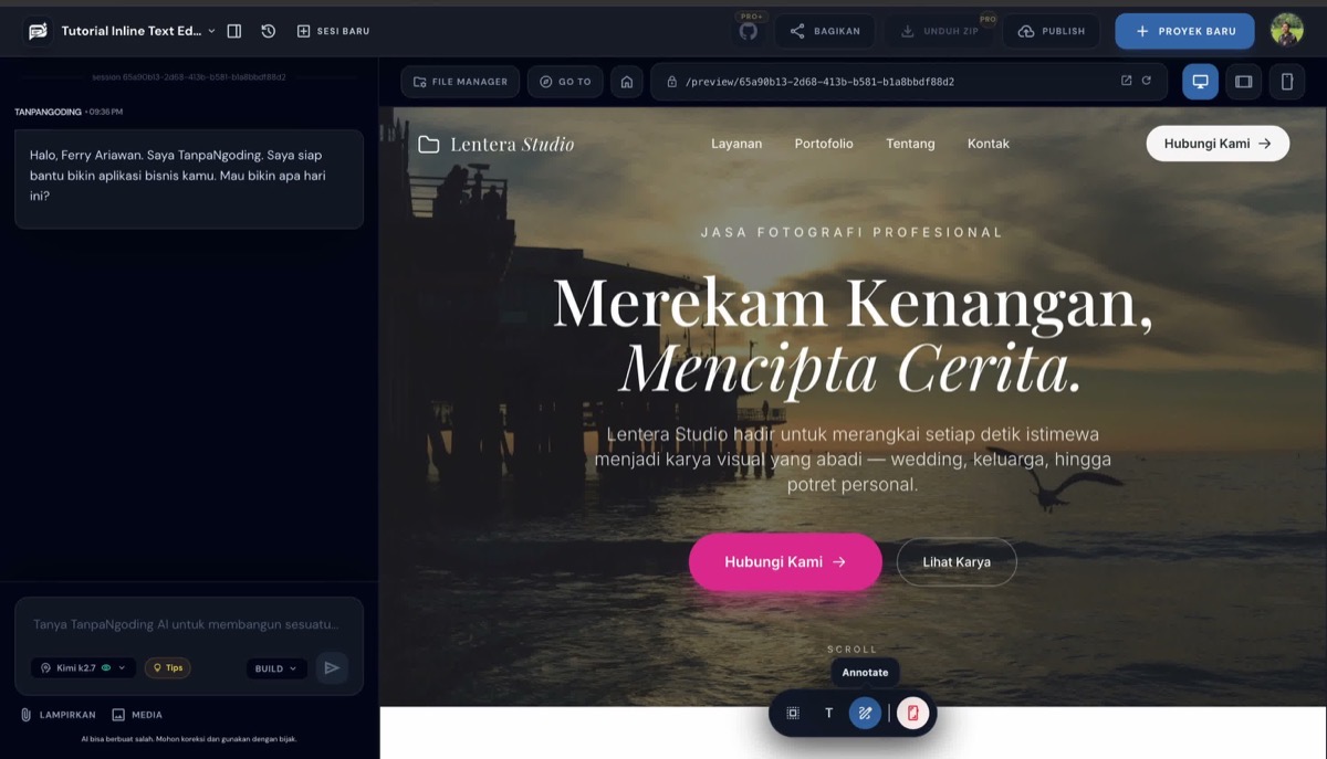 Klik tool Annotate di floating toolbar preview