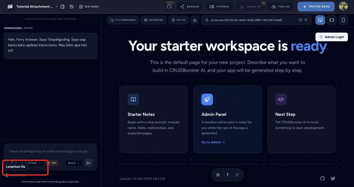 Tombol Lampirkan file di chat builder TanpaNgoding AI