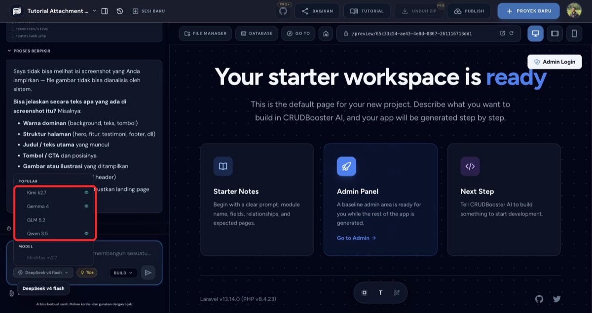 Daftar model AI dengan ikon vision di builder TanpaNgoding AI