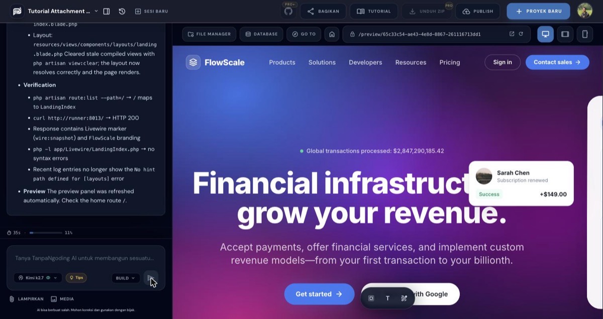 Hasil landing page yang dibuat AI berdasarkan screenshot referensi