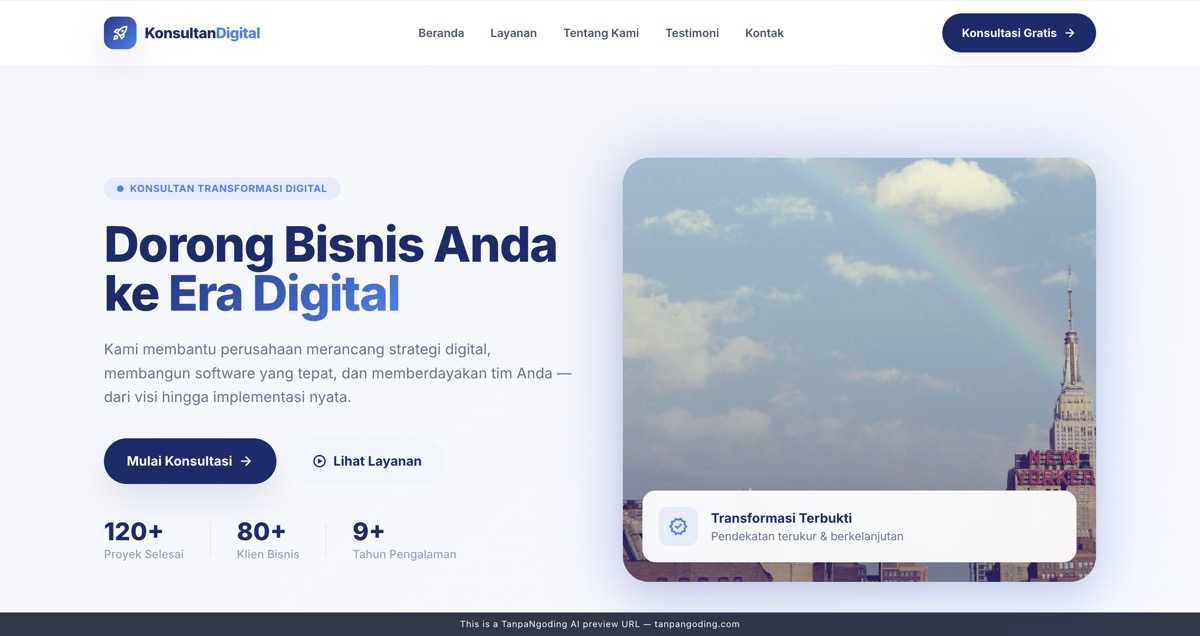 Hero section landing page company profile PT Konsultan Digital Nusantara hasil AI