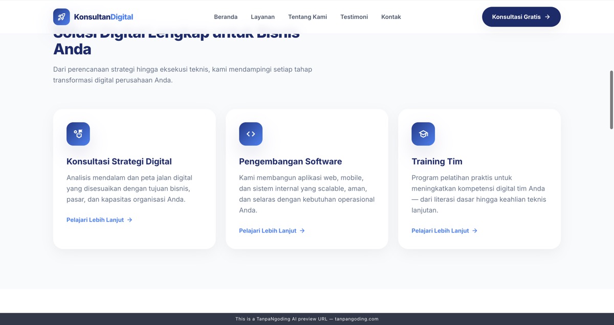 Section layanan landing page company profile dengan tiga kartu jasa konsultasi
