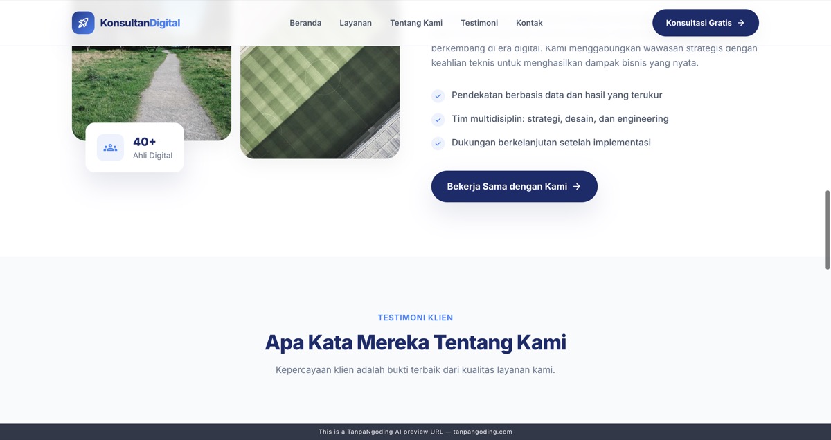 Section tentang kami landing page company profile dengan poin keunggulan