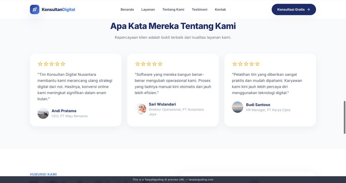 Section testimoni klien landing page company profile dengan tiga review
