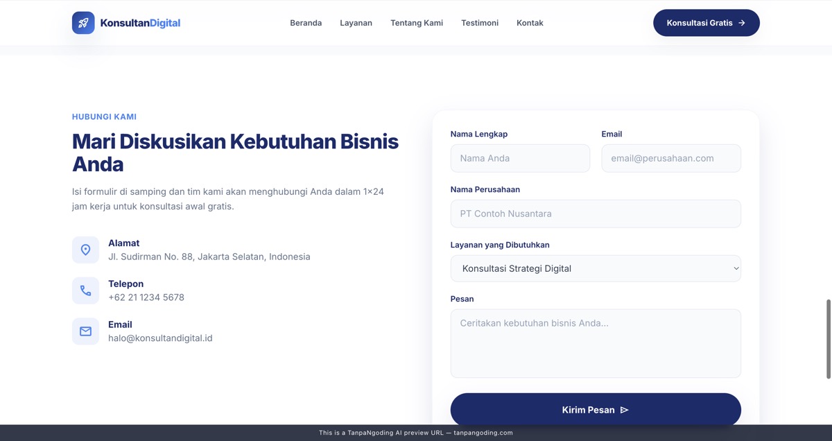 Form kontak landing page company profile dengan dropdown layanan