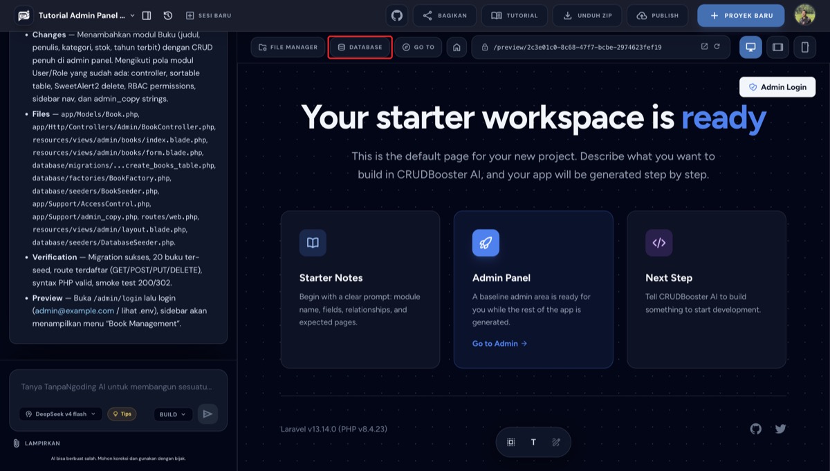Tombol DATABASE di toolbar preview builder