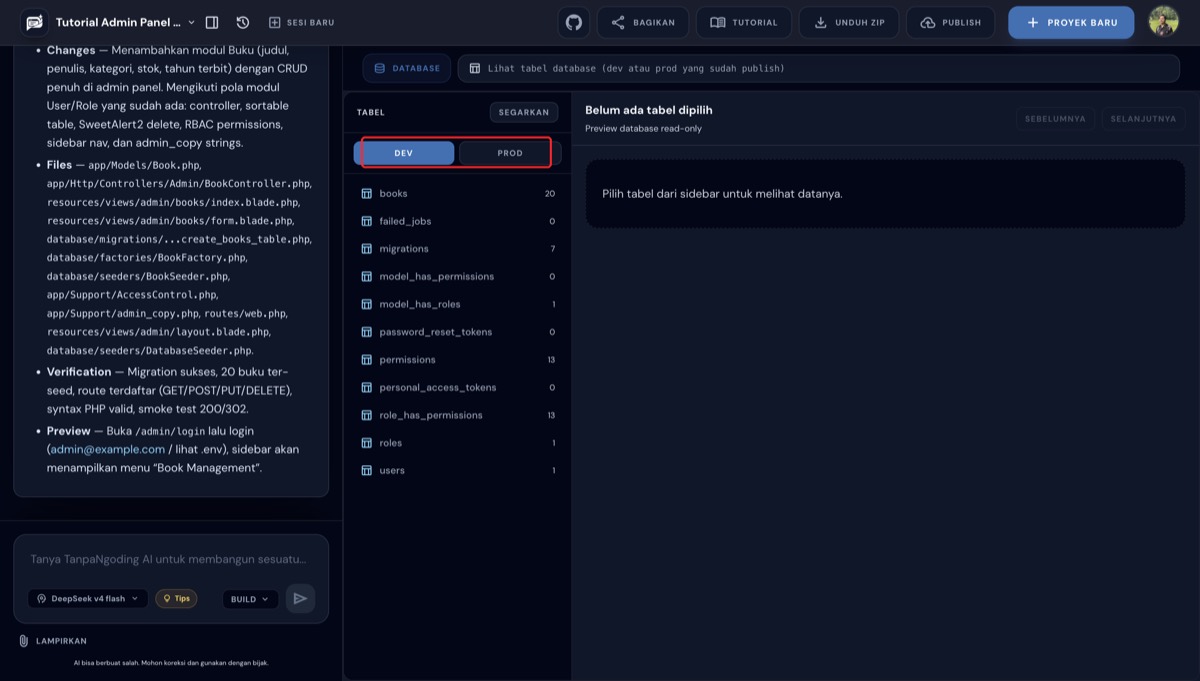 Toggle DEV dan PROD beserta daftar tabel database
