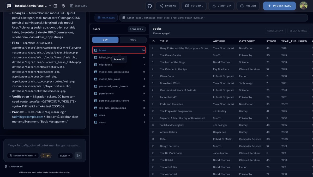 Isi tabel books ditampilkan di Database Viewer