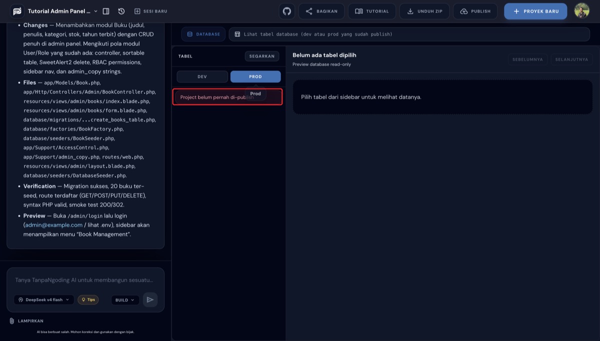 Pesan Project belum pernah di-publish saat buka tab PROD