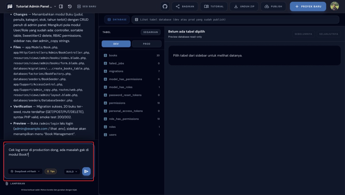 Mengetik permintaan cek log error production di chat builder