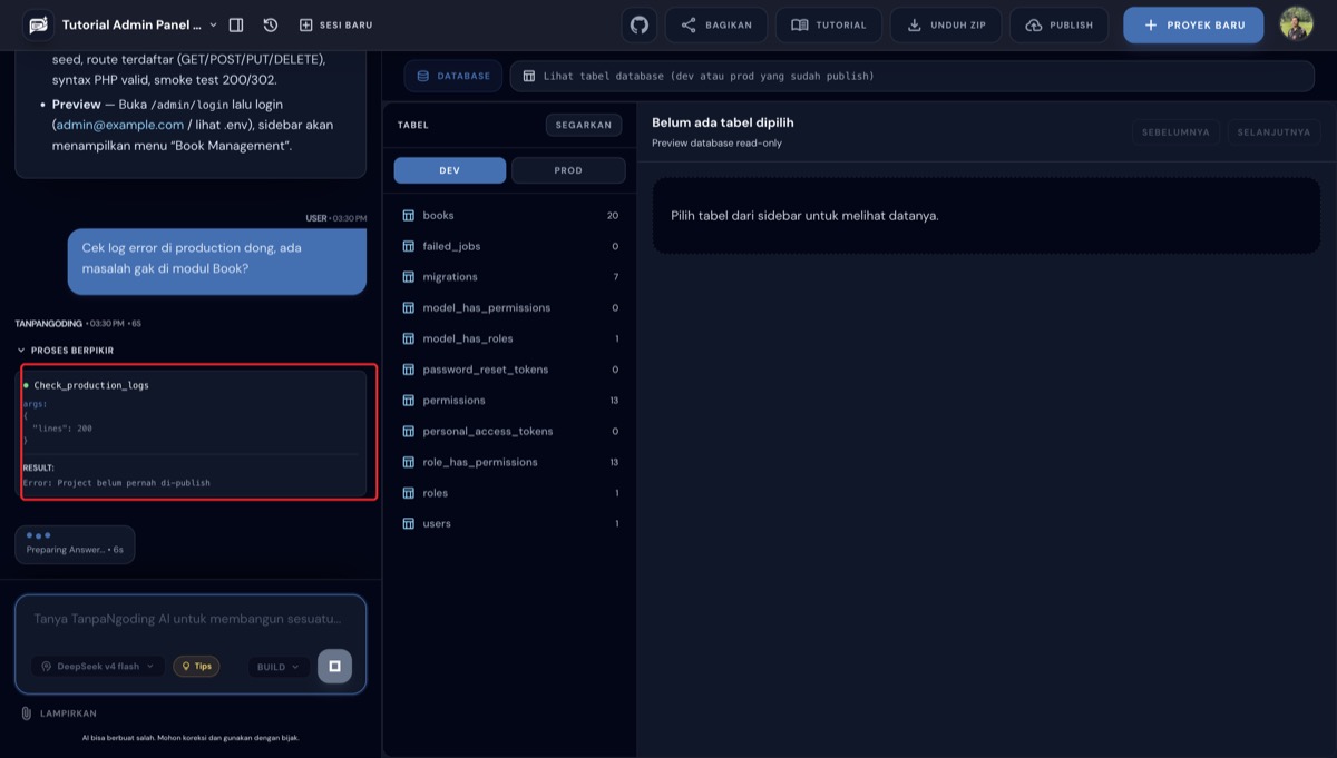Panel Proses Berpikir menampilkan tool call check_production_logs