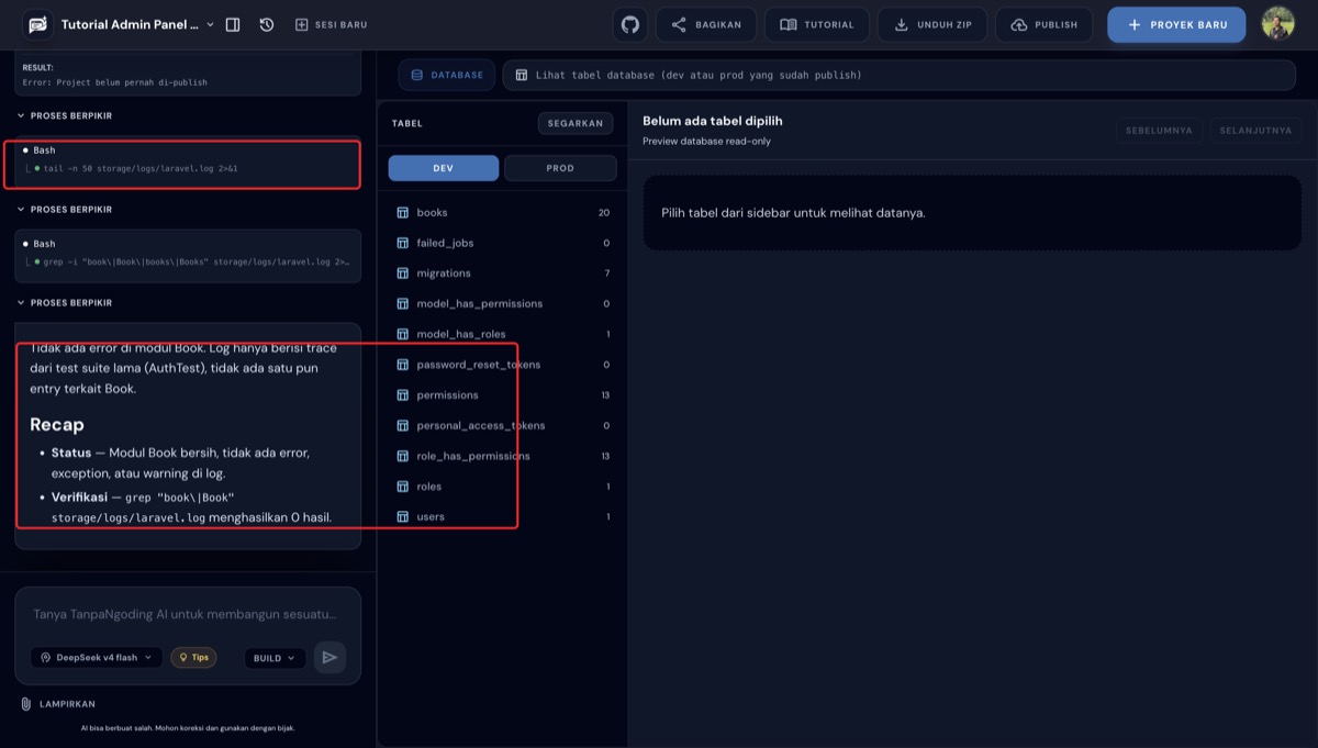 AI membaca log development lewat tail dan grep, memberi ringkasan Recap