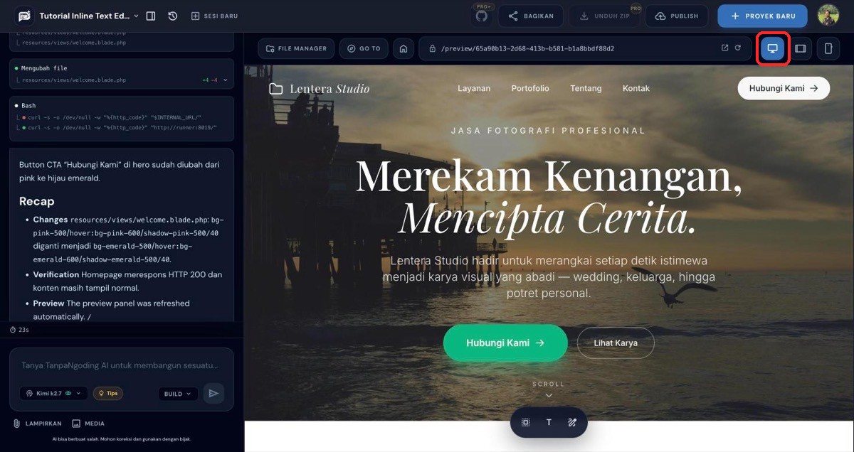 Preview default dalam mode desktop dengan tiga ikon device di pojok kanan atas