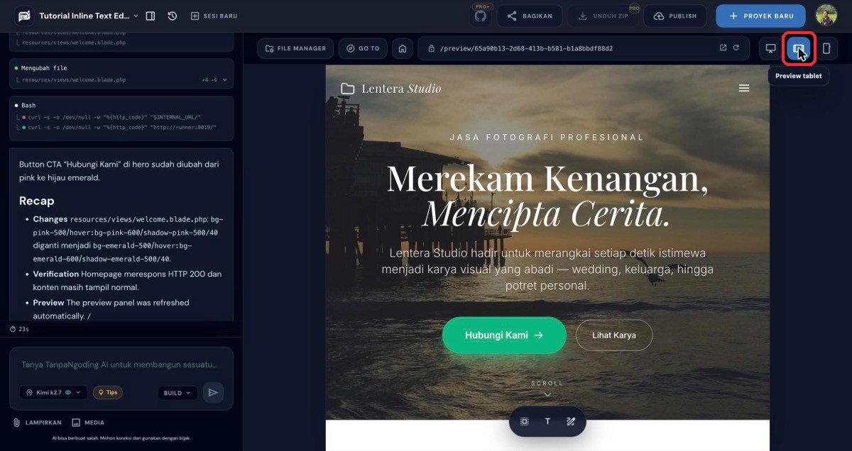 Preview beralih ke mode tablet dengan navigasi hamburger menu