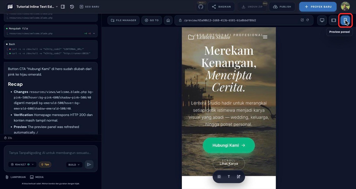 Preview beralih ke mode ponsel menampilkan tampilan mobile