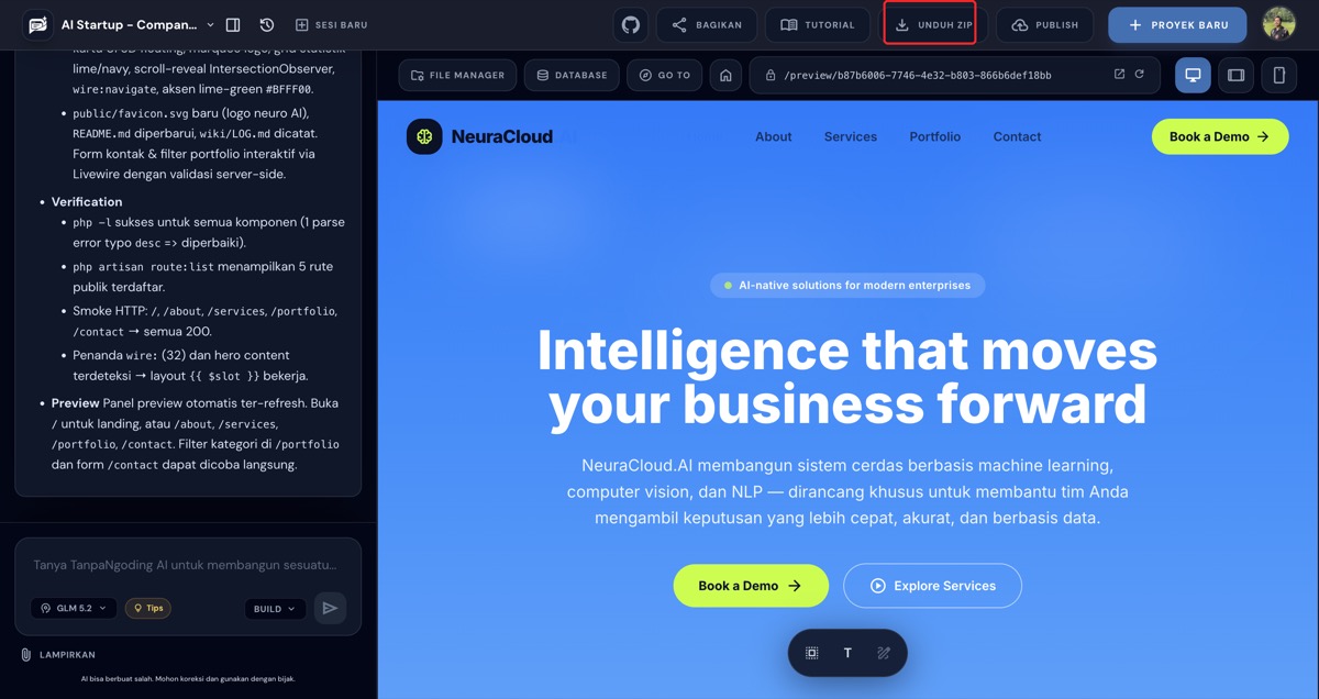 Tombol UNDUH ZIP di top bar builder TanpaNgoding AI untuk pengguna paket Pro