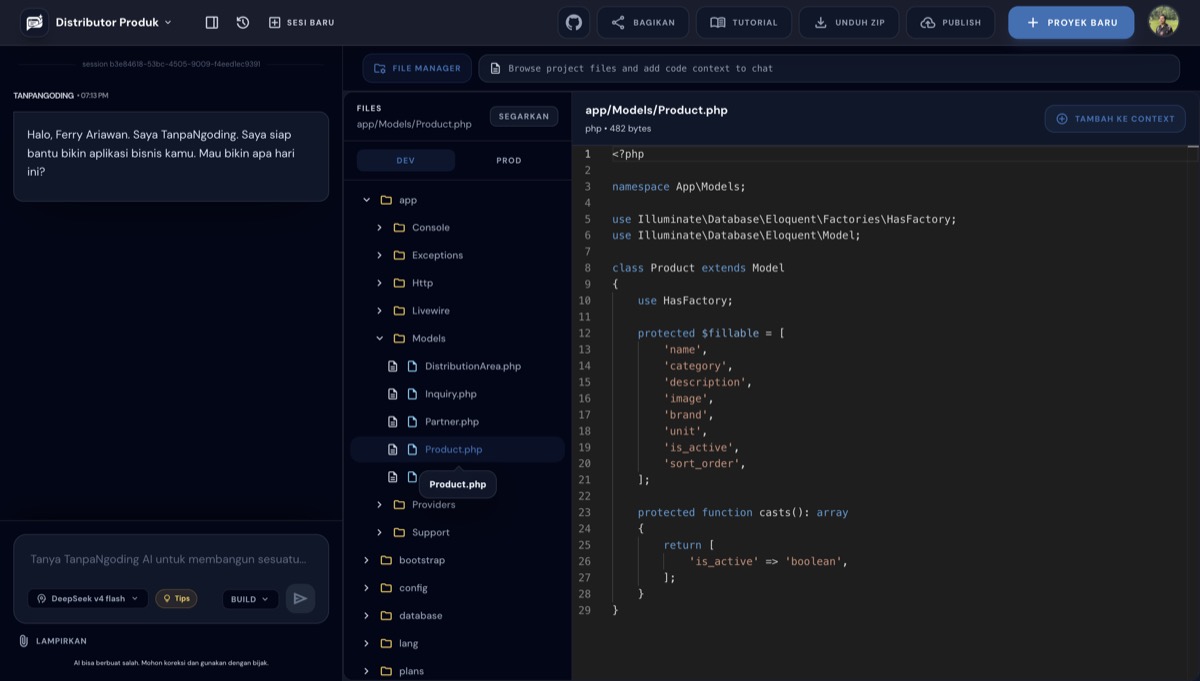 Isi kode Product.php ditampilkan di editor read-only