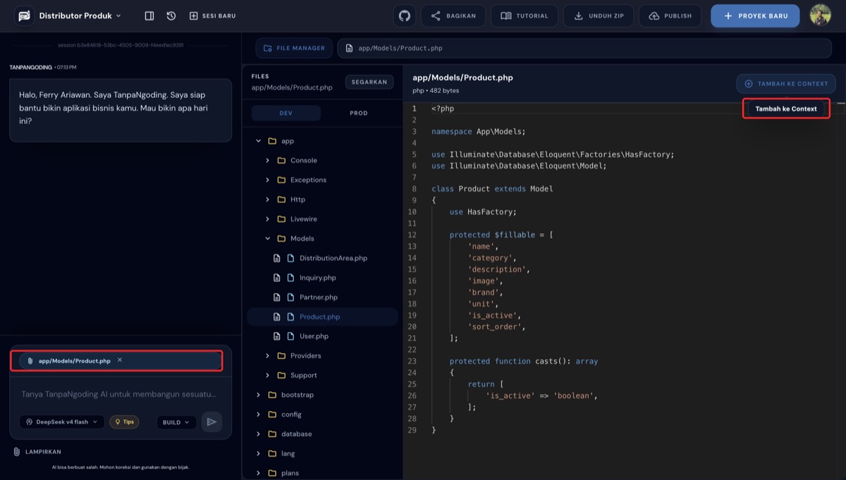 File app/Models/Product.php ditambahkan sebagai badge context di chat