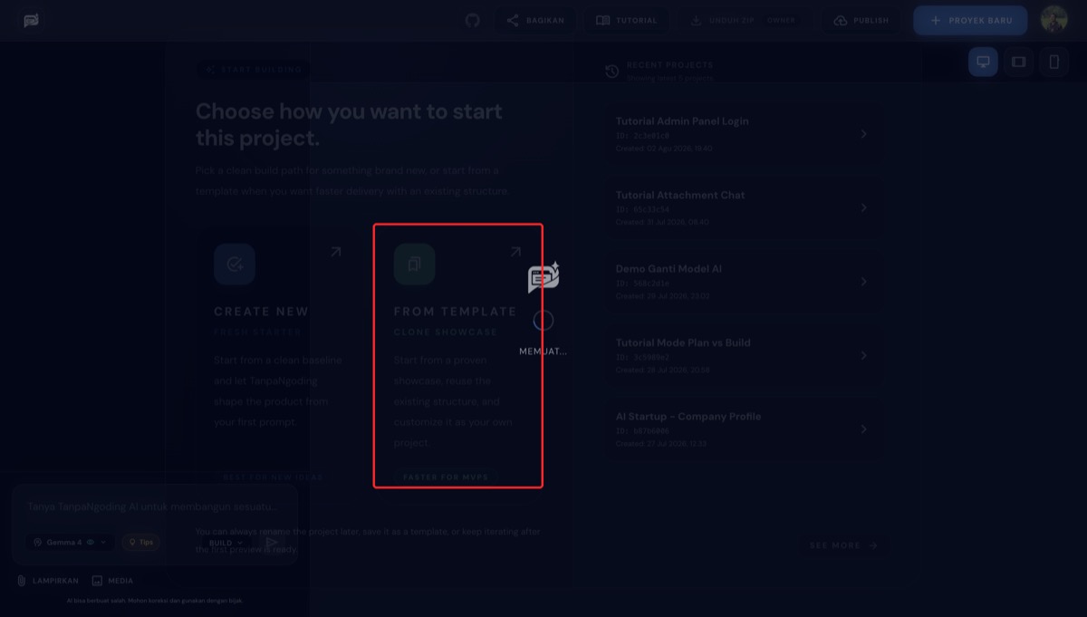 Kartu From Template - Clone Showcase di modal pilihan mulai project