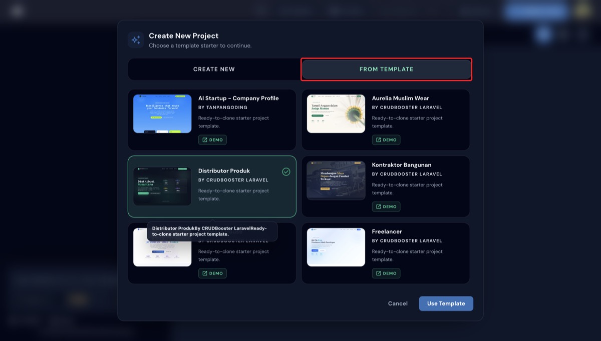 Tab FROM TEMPLATE aktif menampilkan daftar template showcase