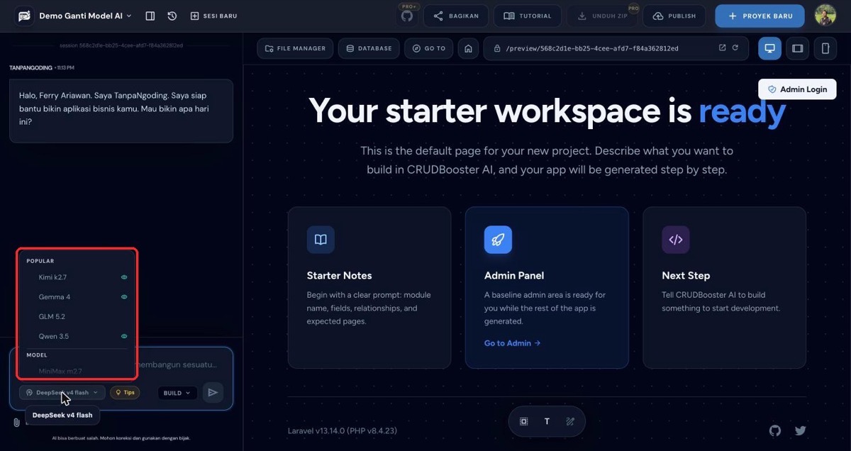 Dropdown daftar model AI dengan ikon mata vision