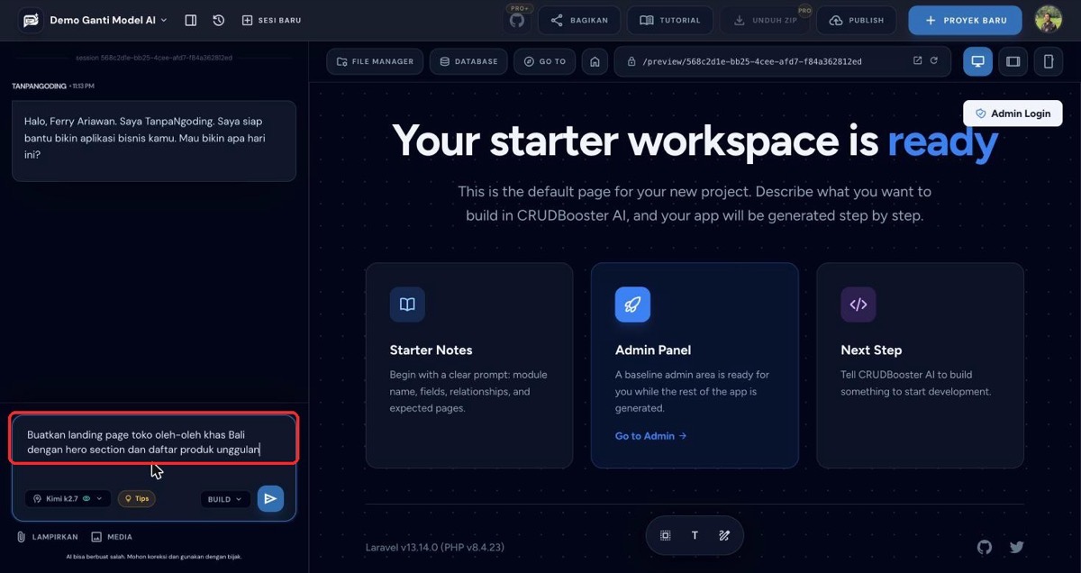 Mengetik prompt landing page toko oleh-oleh dengan model Kimi aktif