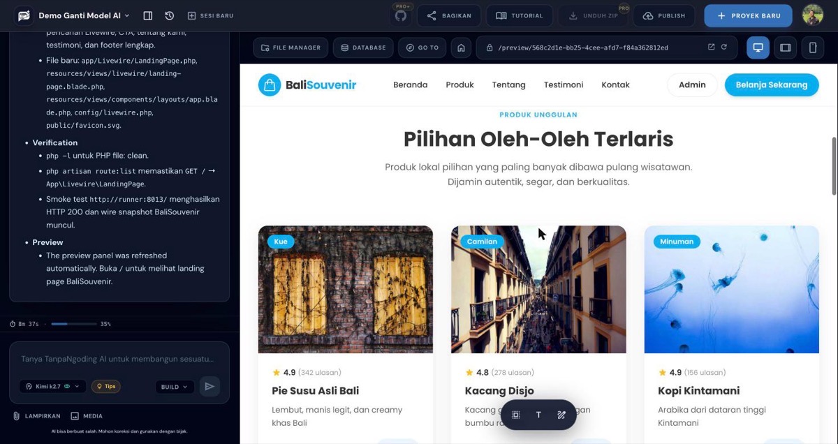 Hasil akhir daftar produk unggulan landing page BaliSouvenir