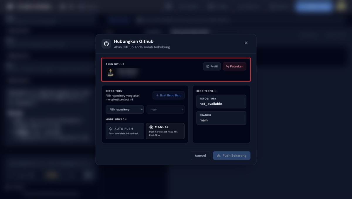 Modal Hubungkan Github menampilkan akun GitHub yang sudah terhubung
