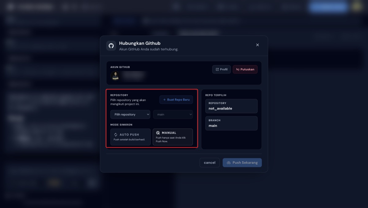 Dropdown pilih repository dan toggle Mode Sinkron Auto Push vs Manual